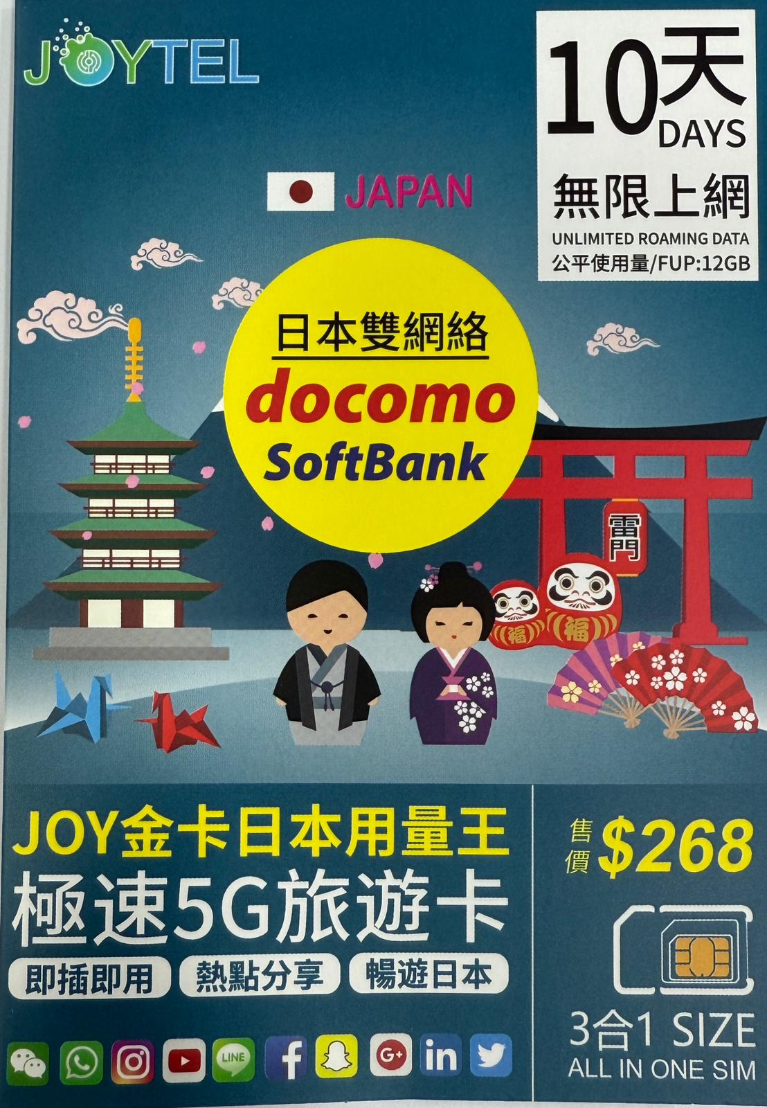 Softbank - 日本【10日 12GB FUP】4/5G 極高速 無限數據卡 上網卡 電話卡 (東京,富士山,沖繩,福岡等)