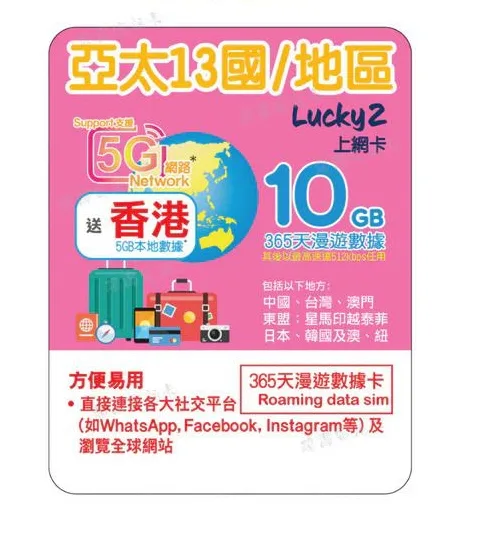 Lucky - 5G LTE 365日13国 亚太地区 年卡 10GB外游数据卡 旅行 澳纽 中国 日本 韩国 台湾 大中华 东盟 1