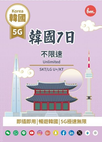 SK Telecom - Bm SK-T/LG U/KT 韓國全網通 真無限上網【7日全程5G不限速】極高速無限數據卡