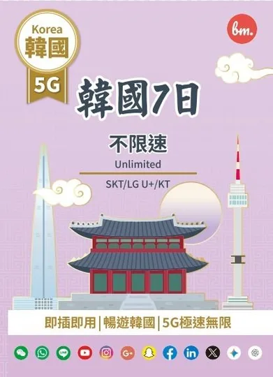 SK Telecom - Bm SK-T/LG U/KT Korea Unlimited Internet Access [7 Days of Unlimited 5G Speed] Ultra-High-Speed ​​Unlimited Data Card 1