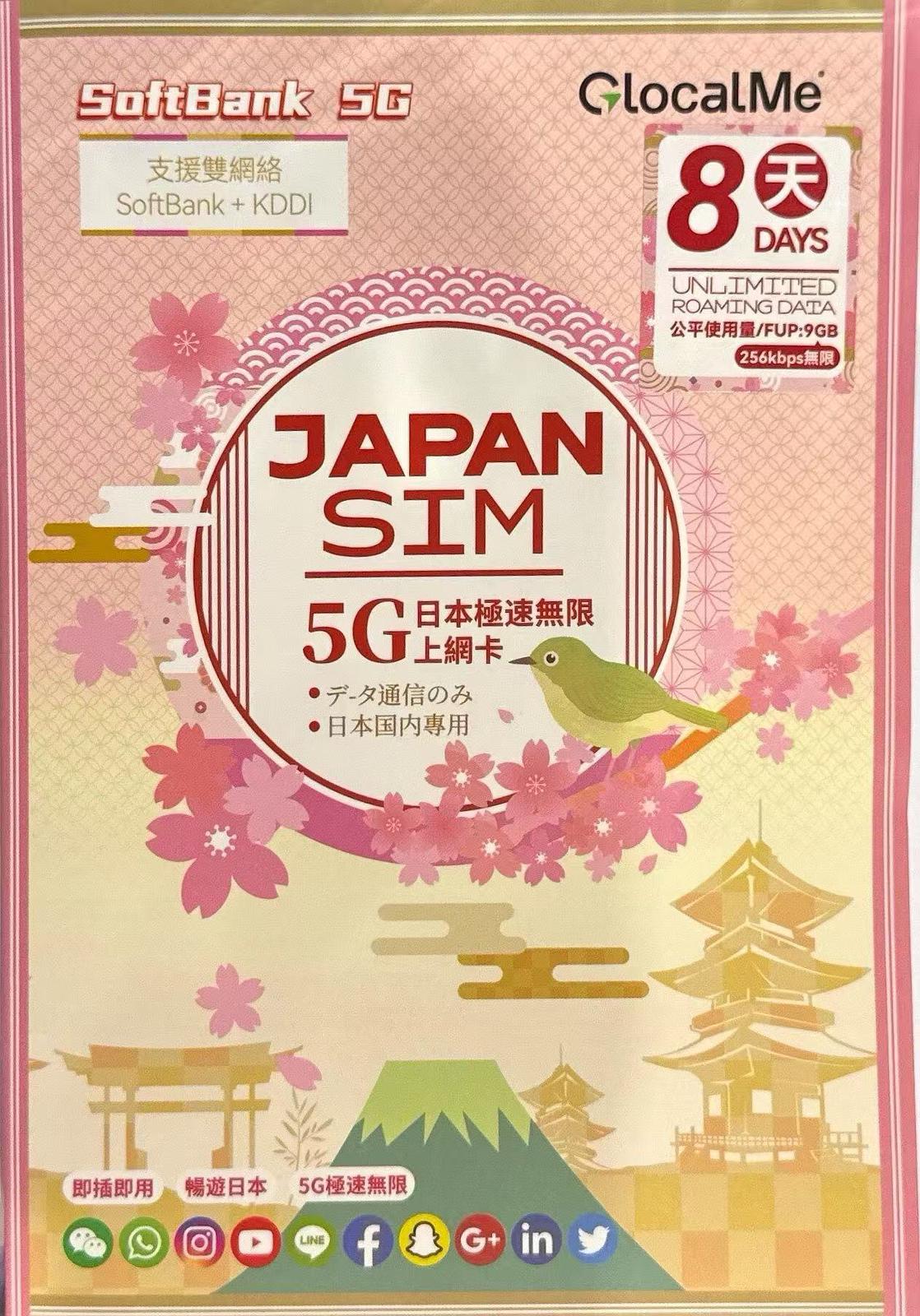 Softbank - Me日本 真•無限上網【8日全程 5G不限速】Softbank+KDDI雙網絡 5G極高速無限數據咭 上網卡電話卡