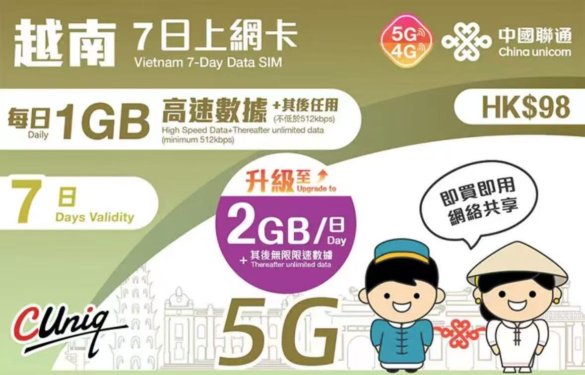 中國聯通 - 越南【7日 每日2GB之後限速】5G/4G 極高速 無限數據卡 上網卡